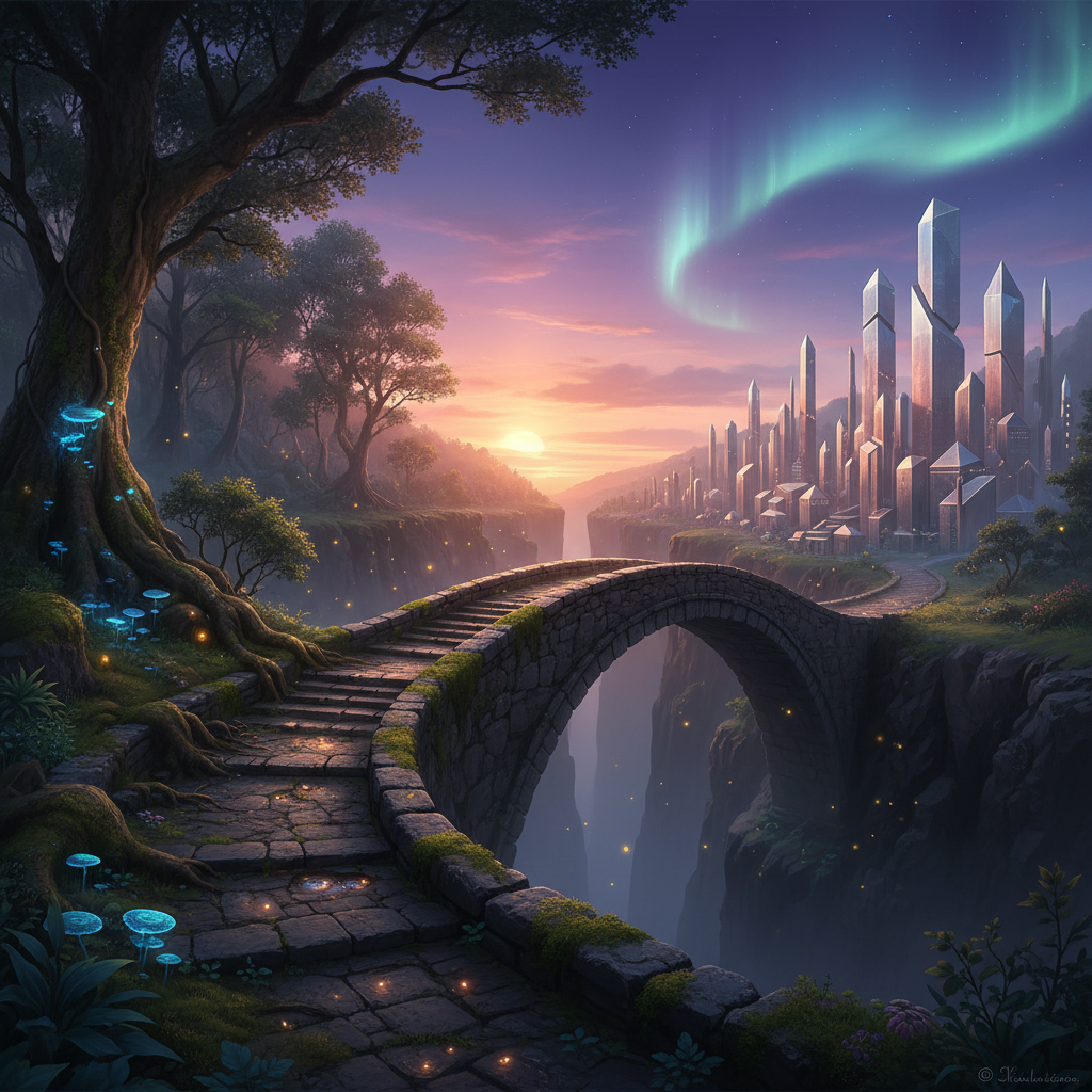 A weathered stone bridge arches over a narrow, mist-filled chasm that splits an enchanted forest from a sleek, crystalline city in the distance. On the forest side, gnarled roots, glowing fungi, and soft moss crowd the path; on the city side, faceted towers of pale glass catch the last rose-gold rays of sunset. Ethereal fireflies hover above the bridge, their light reflected in small pools on the stone. The sky glows with gradient twilight hues, and a subtle aurora shimmers above the city. Photographic realism with a wide-angle, slightly elevated composition emphasizes the bridge as a liminal passage, evoking a sophisticated sense of crossing between hidden realms and destinies.